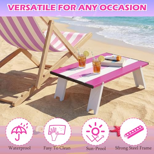 CroBlissful Beach Table Folding Camping Portable Table Striped White Aluminum Side with Carry Bag for Camping Picnics and Outdoor Activities(16x11x5 in,Pink) - color: Pink, size: 16x11x5 in