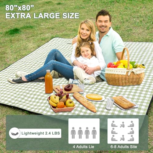 Picnic Blankets Outdoor Blanket, 80''x80'' Extra Large Beach Blanket Waterproof Sandproof Foldable & Machine Washable, Vintage Gingham Grass Lawn Park Blankets for Family Camping Party Music Festival - color: Green White, size: 6'8" X 6'8" (Square)