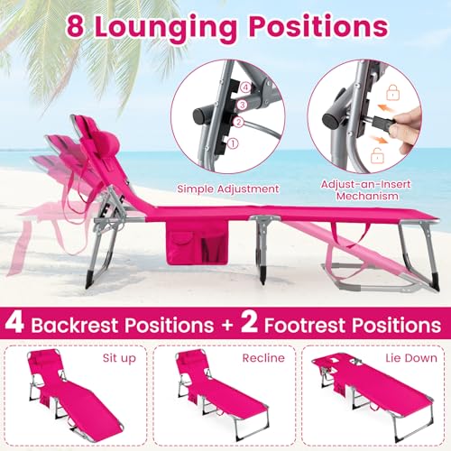 COSTWAY Tanning Chair with Face Hole, Folding Beach Lounge Chair with 4-Position Adjustable Backrest, Pillow & Side Pocket, Foldable Chaise Lounge Chair Outdoor for Sunbathing, Camping (1, Pink) - color: Pink