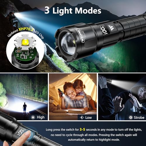 WdtPro Flashlight LED Rechargeable 2 Pack, 3 Modes Super Bright Flashlights High Lumens, Zoomable Tactical Linternas with LCD Digital Display, Powerful Handheld Flashlights for Home Emergency Camping - color: Black