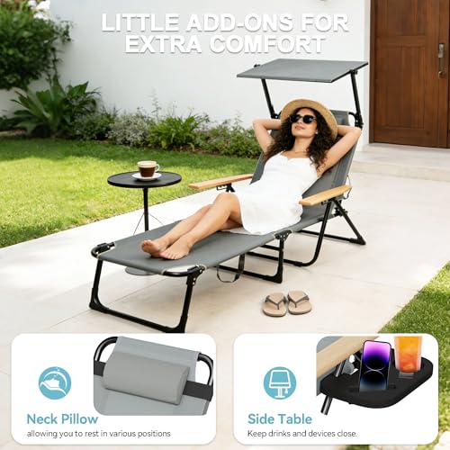 Outdoor Chaise Lounge Chair with 4-Position Adjustable Backrest,Patio Folding Sun Tanning Chair,Pillow & Cup Holder,Portable Recliner Sunbathing Lounger Chairs for Beach Garden (Grey with Shade) - color: Grey With Shade