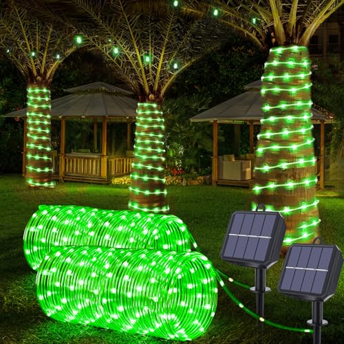Solar Rope Lights, 2 Packs Total 66ft 200LEDSolar String Lights, 8 Modes Waterproof Solar Powered Outdoor Light, Flexible Clear Tube Light for Garden Backyard Patio Deck Porch Tree Xmas Decor - Green - color: Green, size: 2*33ft