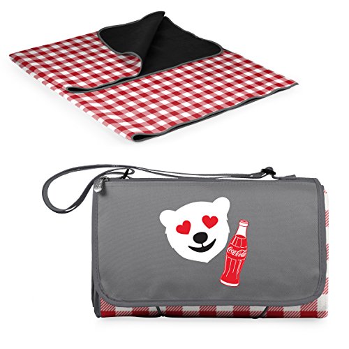 PICNIC TIME Coca-Cola Emoji Blanket Tote Picnic Blanket, Folding Outdoor Beach and Camping Blanket with Carry Tote and Zipper Pocket, Water Resistant Fleece, (Red and White Gingham with Gray Flap) - color: Coca-cola Emoji - Red & White Gingham Pattern Wit