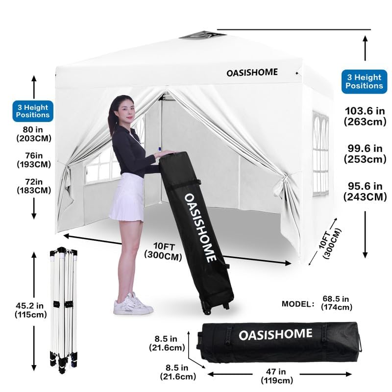 OASISHOME Pop-up Gazebo Instant Portable Canopy Tent 10'x10', with 4 Sidewalls, Windows, Wheeled Bag, for Patio/Outdoor/Wedding Parties and Events (10FTx10FT, White) - color: White