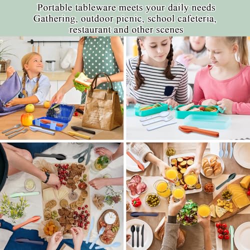 Kyraton Travel Utensils Set for 8, Reusable Plastic Spoons Forks Knives Snapped Together for Portable & Space-Saving Design Cutlery Silverware for Travel, Picnic, Camping, Work, Lunch Boxes