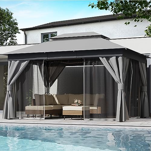 LAUSAINT HOME 10'x13' Outdoor Gazebo, Metal Frame Heavy Duty Patio Canopy Tent Shelter with Double Roofs, Mosquito Nettings and Privacy Screens for Backyard, Garden, Lawn, Gray - color: Gray, size: 10'x13'