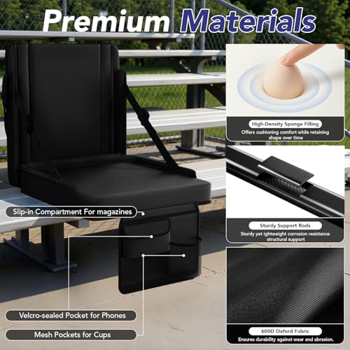 Stadium Seats with Back Support 1PACK Adjustable Bleacher Chairs with Back and Cushion Bleacher Seat with Cup Holder, Carry Handle & Shoulder Strap for Outdoor Sports Events, Picnics - color: Black-1pc-xl-large