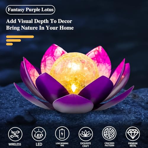 AIINY Solar Light Outdoor(2Pack), Art Crackle Globe Glass Lotus Decoration, Solar LED Waterproof Purple Metal Flower Lights for Patio,Lawn,Walkway,Tabletop - color: Purple