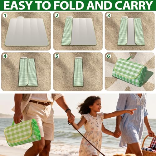 Large Picnic Blanket Beach Blanket 70'' x 70'', Outdoor Waterproof Sandproof Foldable Blanket, Camping Garden Grass Patio Lawn Park Hiking Travel Essential Accessories Green Gingham Mats