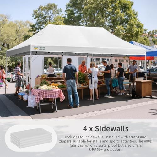 CROWN SHADES 10x20 Pop Up Canopy Tent, Thicken Frame Commercial Heavy Duty Tent, 4 Sidewalls 8 Stakes & 4 Sandbags & 4 Ropes, Outdoor Canopies for Events, Parties,White - color: White, size: 10x20 Heavy Duty