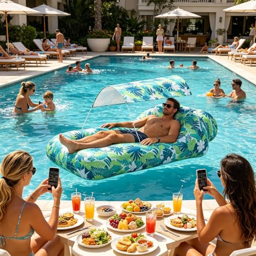 Inflatable Air Lounger with Sun Shade - Camping Air Sofa, No-Pump Blow Up Couch for Outdoor, Portable-Air Hammock, Lightweight Waterproof Fabric for Hiking Picnic Vacation Backyard Seaside - color: Green