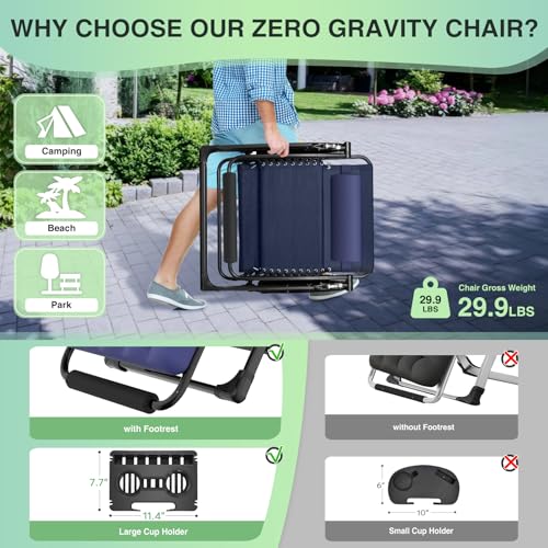 Suteck Oversized Zero Gravity Chair, 29In XL Outdoor Recliner Chair w/Removable Cushion&Headrest, Camping Lounge Chair w/Upgraded Lock&Footrest, Reclining Patio Chairs for Indoor Outdoor,500LBS - color: Ocean Blue, size: XL 29 Inch