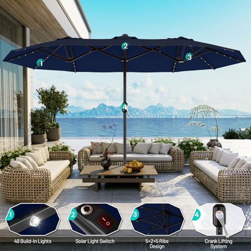 AreShark 15FT Patio Umbrella with Solar Lights, Double Sided Outdoor Table Umbrellas with Crank, Large Rectangular Market Umbrella for Porch, Lawn, Pool, Backyard, Navy - color: Navy, size: 9x15 Ft