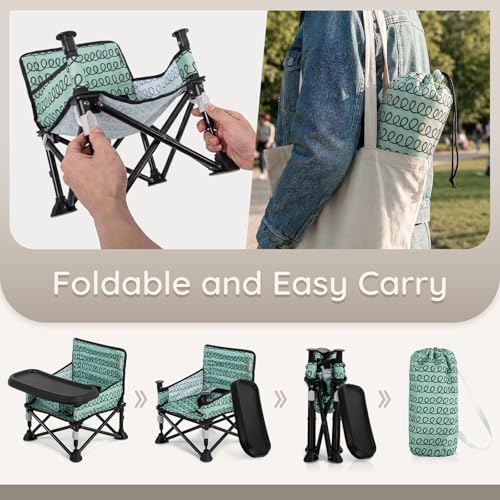 Toddler Booster Seat for Dining Table & Kitchen Chair - Portable Foldable with Removable Tray, Baby Camping Chair 6-36 Months Indoor Outdoor (Green Stripe) - color: Green Stripe Booster Seat