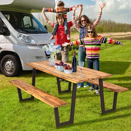 HAPPYGRILL Outdoor Picnic Table Bench Set with Wood Top & Steel Frame, Patio Dining Picnic Table Set with Umbrella Hole for Garden Backyard