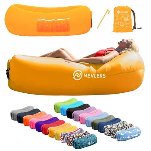 Nevlers Saffron Inflatable Lounger | 210T Polyester Inflatable Chair | No-Pump Inflatable Furniture | Camping Couch w/ 450lbs. Cap., Pockets & Matching Bag | Use as Inflatable Couch for Adults & Kids - color: Saffron, size: 1 Pack