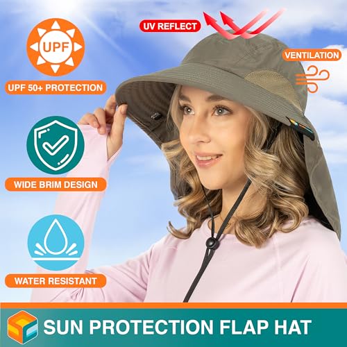 SUN CUBE Wide Brim Sun Hat with Neck Flap, UPF50+ Hiking Safari Fishing Hat for Men Women, Sun Protection Beach Hat - color: Olive