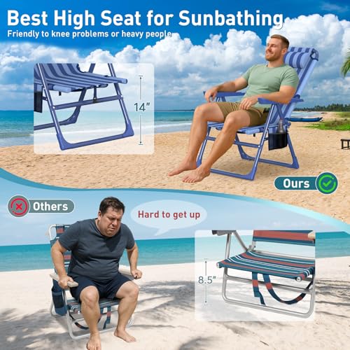 Suteck Backpack Beach Chair for Adults - 6-Position Folding Reclining Chair with Cooler Bag & Cup Holder, Lightweight Portable Beach Chair for Camping, Outdoor, Sand, Travel Use - color: Dark Blue Stripes
