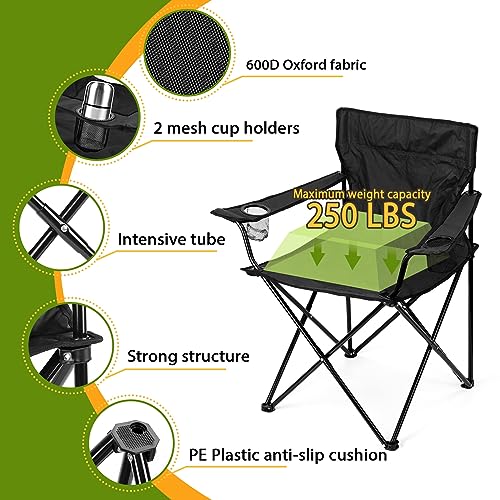 HaSteeL Folding Camping Chair Set of 3, Foldable Black Camp Chairs & Grey Table, Large Lawn Chair Portable for Adults Hiking, Fishing, Picnic, Outdoor BBQ, Travel, Sports, Cup Holders & Storage Bags - color: Black Chairs
