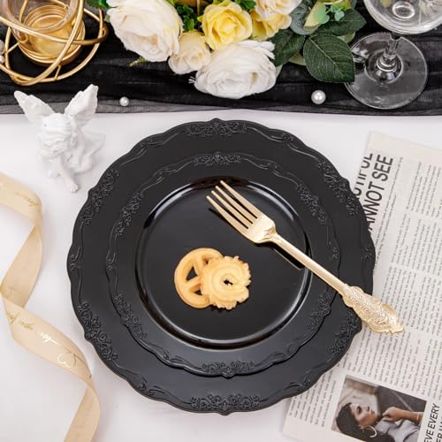 U-QE 100PCS Black Plastic Plates, Heavy Duty Black Plates Including 50PCS 10'' Dinner Plates & 50PCS 7.5'' Dessert Plate - Hard Plastic Plate for Party Wedding Bridal Shower - color: Black