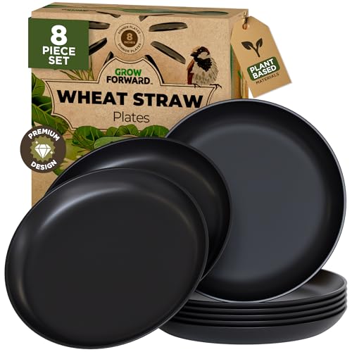 Grow Forward Premium Wheat Straw Plates - 8 Inch Reusable Hard Plastic Dinner Plates Set of 8 - Unbreakable Microwave Safe Plates for Dessert, Camping, RV, Outdoors, Patio, Kitchen Dishes - Midnight - color: Midnight Black, size: 8 inch