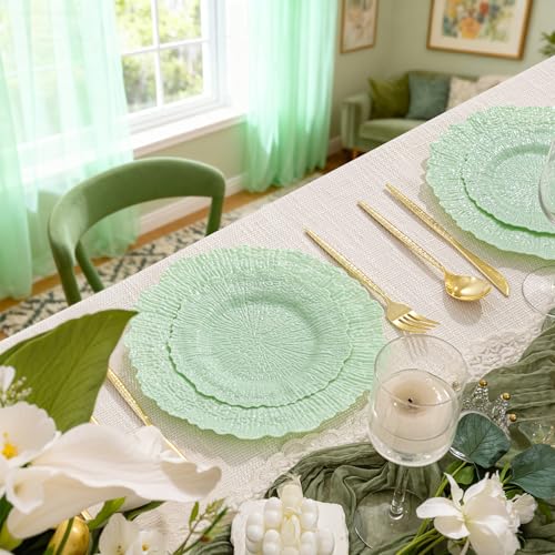 DaYammi 60 PCS Green Plastic Plates,Reef Plate Disposable & Reusable-Heavy Duty Plastic Plates for Party Including 30 Dinner Plate, 30 Dessert Plate,Green Disposable plates for Dinner Parties - color: Green