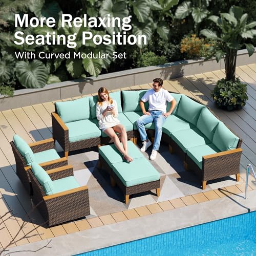 PHI VILLA 8-Piece Curved Patio Furniture Set with Fire Pit Table, Outdoor Wicker Half-Moon Sectional Sofa with Cushions, 56” Gas Fire Pit Table and Ottomans, Aqua Blue - color: Aqua Blue+fire Pit, size: 8 Seats - Curved