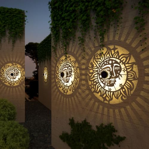 4 Pack Solar Fence Lights Metal Solar Powered Outdoor Wall Deck Step Lights Sun Moon Theme Waterproof Fence Light for Garden Post Patio Backyard Yard Decor, Gardening Gifts for Women Mom Grandma - color: Sun Moon, size: 4 Pack