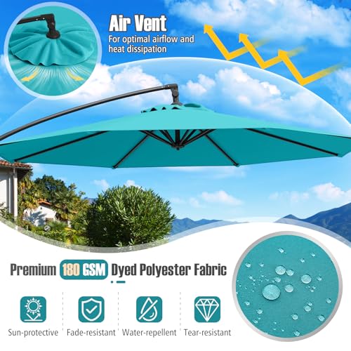 Tangkula 10ft Patio Umbrella with Base Included, Offset Cantilever Outdoor Umbrella with Infinite Tilt, 360 Degree Rotation, Crank Handle, Sun-Protective Canopy for Pool Deck Garden Backyard (Turquoise) - color: Turquoise, size: 10 FT