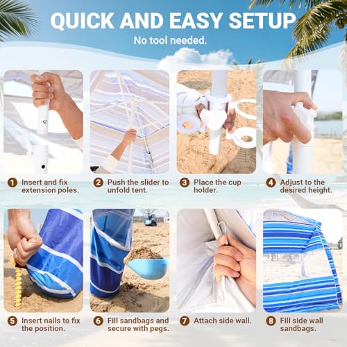 8'x8' Beach Cabana, UPF 50+ Large Beach Canopy with Side Wall, Easy Setup Pop Up Sun Shelter, Adjustable Height & Wind Resistant Beach Tent for 4-6 Person Family, Light Blue