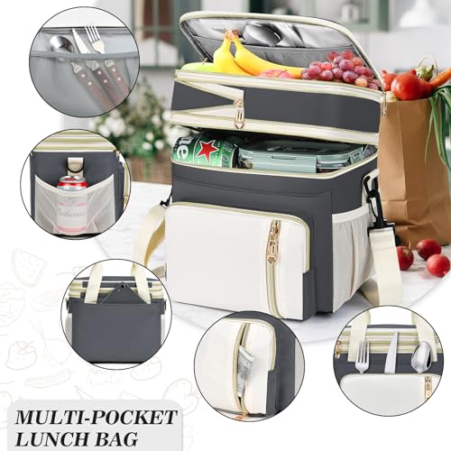 Lunch Box & Lunch Bag for Women Men, Large Insulated Adult Lunch Box Leakproof Lunchbox Cooler Bag for Work Picnic Beach,16L, Grey & White - color: Gray & White