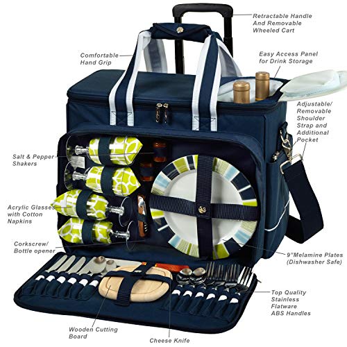 Picnic at Ascot- Original Insulated Picnic Cooler on Wheels with Service for 4- Designed & Assembled in The USA - color: Navy/Trellis Green