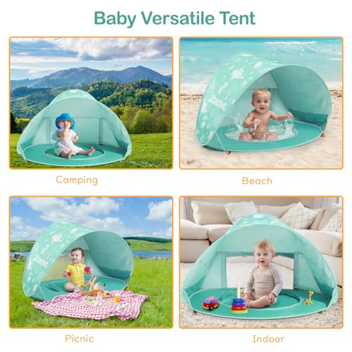 Baby Beach Tent, Pop Up Beach Tent Sun Shade for Beach, Portable Shade Pool UV Protection Sun Shelter for Infant with Beach Sand Toys Set - color: Patterned Mint Green