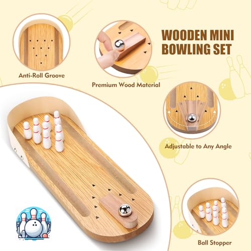 Mini Bowling Game Set, Wooden Tabletop Bowling Alley for Adults Kids, White Elephant Gift for Men Women, Office Desk Toys Stress Relief Stocking Stuffers