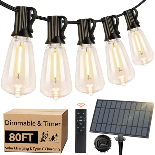 Bosceos Solar Outdoor String Lights Waterproof, 80FT Solar Powered String Lights for Outside with Shatterproof Bulbs, Dimmable ST38 LED Lights String, Patio Hanging Lights for Backyard Garden Party - size: 80FT