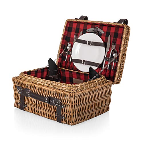 Picnic TIME Champion Picnic Basket for 2, Large Wicker Hamper Set with Cutlery Service Kit (Red & Black Buffalo Plaid Pattern) - color: Red & Black Buffalo Plaid Pattern