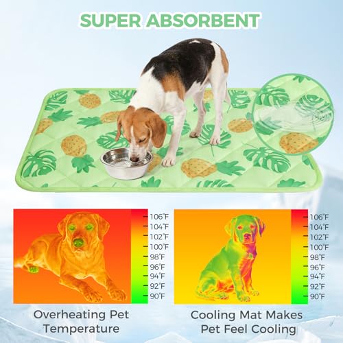 Dog Cooling Mat,19.5" x 27.5" Thicken Self-Cooling Mat for Dog&Cat,Internal Waterproof& Endothermic,Washable Pet Ice Cool Pad Blanket,Pet Sleeping Pad for Indoor Outdoor in Summer,Non-Toxic, Green M - color: Green Pineapple, size: Medium 19.5IN x 27.5IN