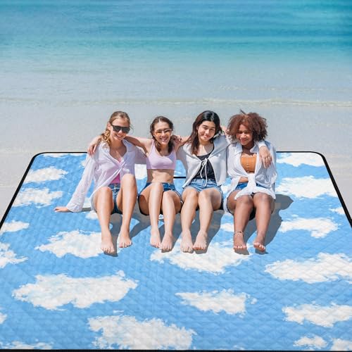 Picnic Blankets, 79''x79'' Extra Large Beach Blanket Waterproof Sandproof, Foldable & Portable Outdoor Mat 3-Layer Beach Blanket for Family Camping, Park, Travel, Backyard, Grass Lawn-Clouds