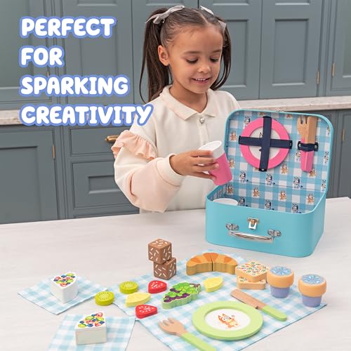 8th Wonder Wooden Bluey Toys Picnic Carrying Case, 30-Piece Picnic Basket Toy with Cutlery and Food Accessories, Outdoor Food Toys for Kids of Ages 3+ - style: Picnic Set