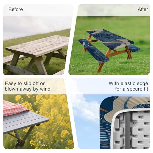 ANNA QUEEN Modern Abstract Art 6FT Picnic Table Cover with Bench Covers Set of 3 with Drawstring Bag, Blue Gold Lines 72"x30" Waterproof Picnic Tablecloth & Bench Covers for Patio Garden - color: #54