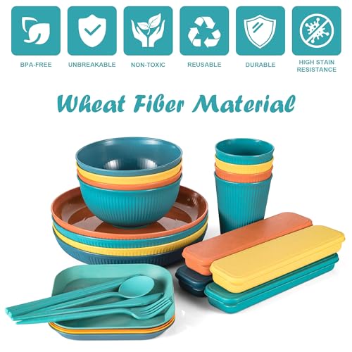 36PCS Wheat Straw Dinnerware Sets - Reusable Plates and Bowls Sets, Unbreakable Cups, Knives, Forks, Spoons & Chopstick, Microwave, Dishwasher Safe Tableware Kitchen Outdoor Camping Presents