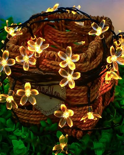 Cherry Blossom Fairy Flower String Lights Indoor Bedroom Decorations, 33ft 100 LED USB Plug in Decorative Floral Lamp for Christmas Tree Classroom Window Camping Vine Hanging (Warm White) - color: 33ft Warm White Flowers