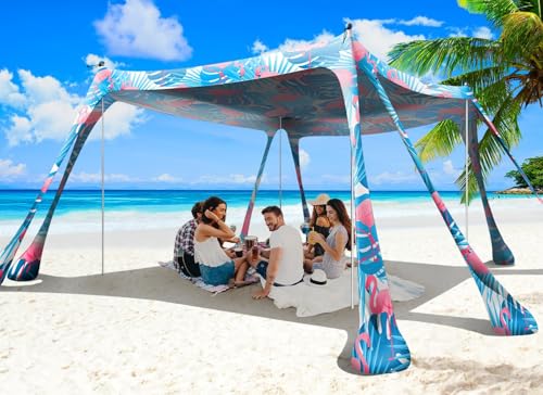 Beach Tent Sun Shelter 10x10ft Beach Canopy Easy Pop Up Sun Shade Portable UPF50+ with 8 Sandbags-2 Sand Shovel-4 Aluminum Poles-Ground Pegs for Outdoor Family Camping Fishing Backyard Picnic - color: Flamingos, size: 10x10 FT 4 Pole