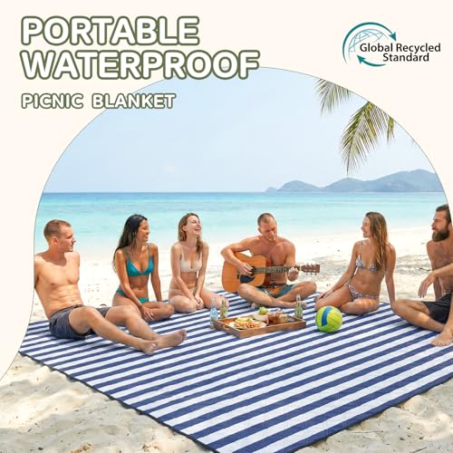Genovega Waterproof Sandproof Beach Blanket Picnic Outdoor Mat Rug Extra Large Foldable Sand Free Big Giant XL Car Essential Roadtrip Gadget Rv Accessories Gear Must Haves Hiking Items Necessities - color: Stripe Navy