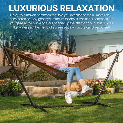 PNAEUT Double Hammocks with Stand for Outside, Portable Space Saving Heavy-Duty Steel Stand for Indoor Outdoor Patio (Mayan Desert) - color: Mayan Desert