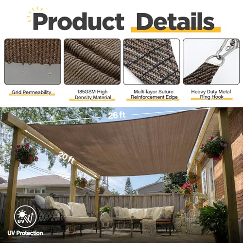 20 x 26 ft Sun Shade Sail for Patio Rectangle 185 GSM Heavy Duty UV Block Canopy Permeable Cover Outdoor Garden Deck Backyard Commercial Grade 95%-98% UV Protection Easy Installation(Brown) - color: Brown