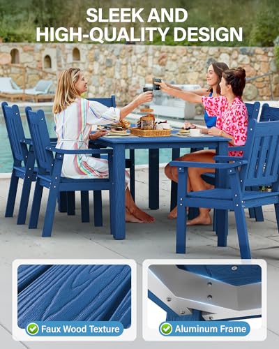YEFU HIPS Patio Table Set: 7 Piece Outdoor Table and Chairs Dining Furniture Set with Umbrella Hole - Blue Modern Plastic Dining Sets 6 Person for Outside Deck with Metal Aluminum Frame - color: Blue, size: 7 Piece