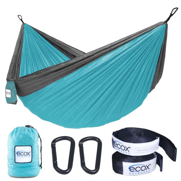 ecox Outdoors Parachute Hammock Single with 2 Tree Straps, Portable Lightweight Nylon Comfortable for Backpacking, Camping, Travel, Beach, Backyard, Patio, Hiking - color: Blue-grey