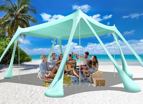 Beach Tent Sun Shelter Beach Canopy Tent Sun Shade Pop Up 10x10 UPF50+ with 8 Sandbags-2 Sand Shovel-Portable 4 Aluminum Poles-Ground Pegs-Easy Setup for Outdoor Family Camping Fishing Picnic - color: Turquoise