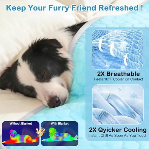 Vivifying Cooling Blanket for Dogs, Q-MAX>0.5 Reversible Ice Silk Dog Cooling Mat with Soft Plush Backing, Summer Pet Blanket Throw for Couch Bed Crate Floor Travel, 40 x 60 Inch (Blue&Grey) - size: L(40"x60")